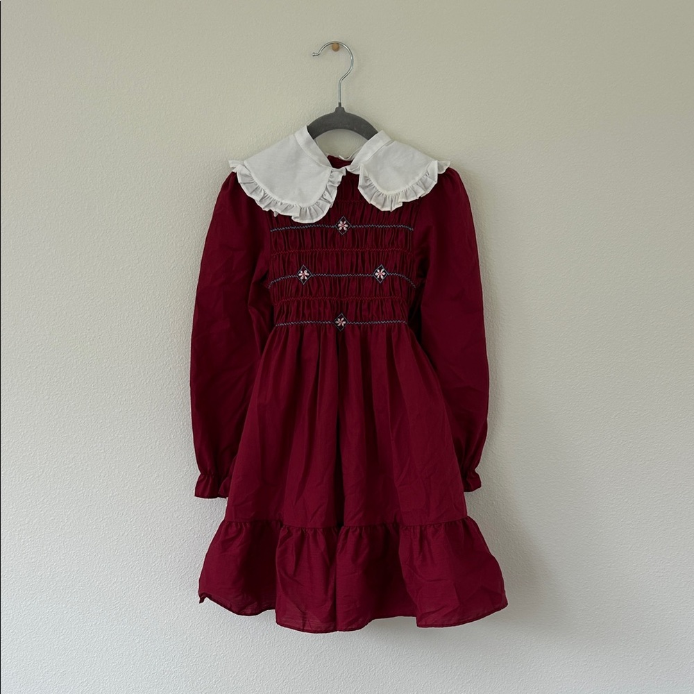 Girls Burgundy Long-Sleeve Dress with White Peter Pan Collar